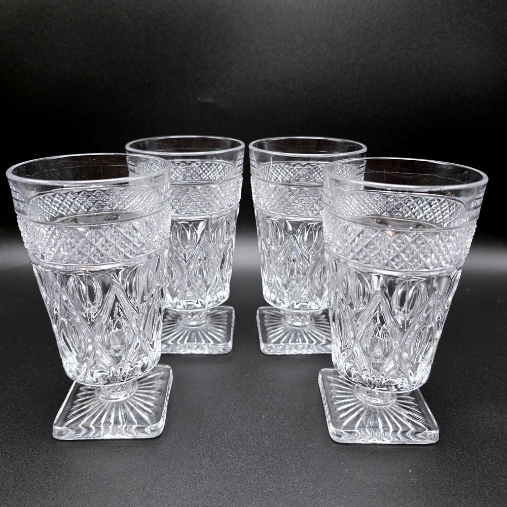 Vintage Clear Pressed Glass Footed Goblets Set of 4 Square Base Diamond Pattern